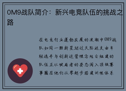 0M9战队简介：新兴电竞队伍的挑战之路